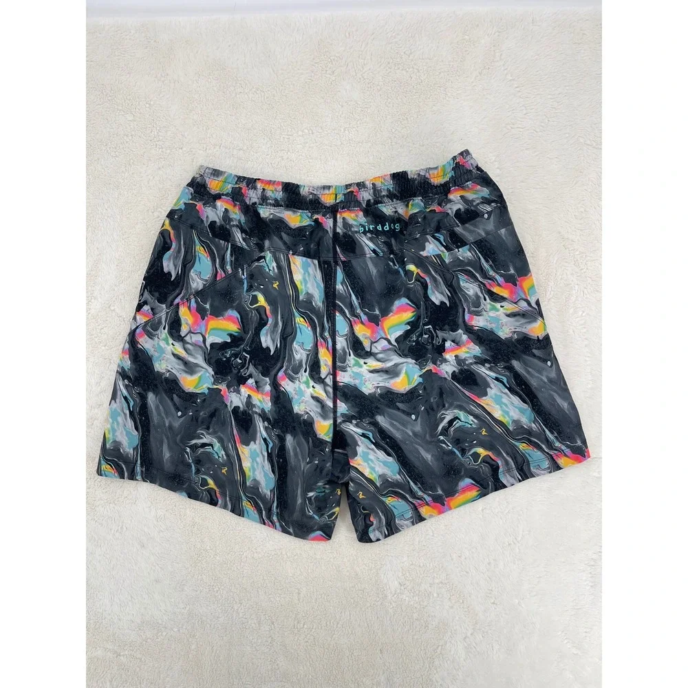 Birddogs Boom Gym Shorts Mens XL Grey Rainbow Marble Psychedelic Lined 6 Inseam